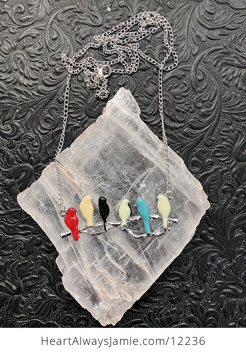 Perched Colorful Birds on a Branch Pendant Necklace Jewelry - #EmORBPlq0ng-1