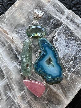 Peridot Druzy Agate Slice Rhodochrosite and Green Kyanite Stone Crystal Jewelry Pendant #uTDYRfQjUKU