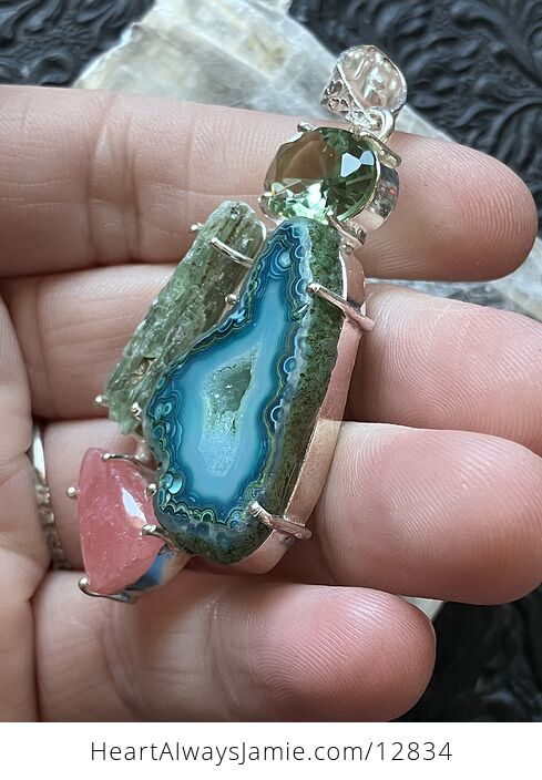 Peridot Druzy Agate Slice Rhodochrosite and Green Kyanite Stone Crystal Jewelry Pendant - #uTDYRfQjUKU-4