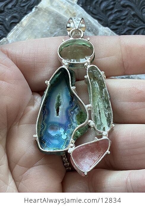 Peridot Druzy Agate Slice Rhodochrosite and Green Kyanite Stone Crystal Jewelry Pendant - #uTDYRfQjUKU-5