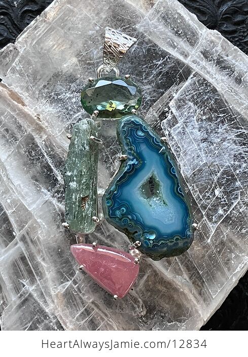 Peridot Druzy Agate Slice Rhodochrosite and Green Kyanite Stone Crystal Jewelry Pendant - #uTDYRfQjUKU-1