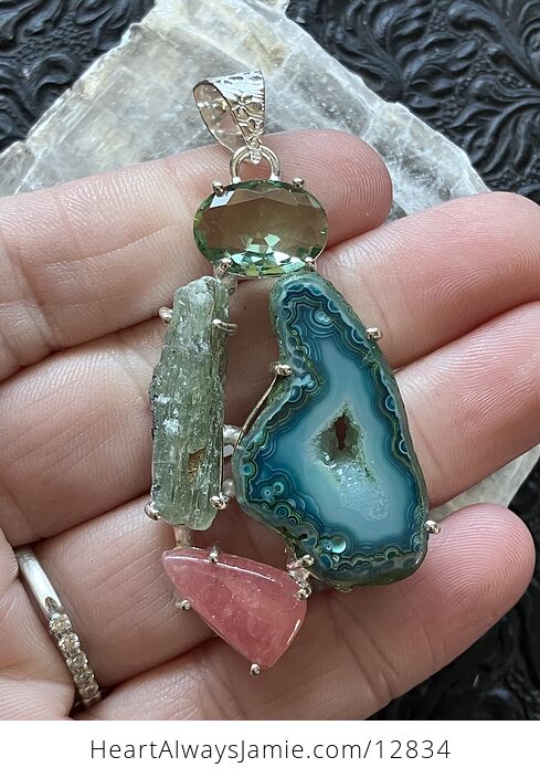 Peridot Druzy Agate Slice Rhodochrosite and Green Kyanite Stone Crystal Jewelry Pendant - #uTDYRfQjUKU-2