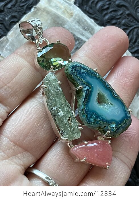 Peridot Druzy Agate Slice Rhodochrosite and Green Kyanite Stone Crystal Jewelry Pendant - #uTDYRfQjUKU-3