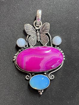 Pink Agate Rainbow Moonstone and Opalite Butterfly Crystal Stone Pendant #LjduRKLtRMw