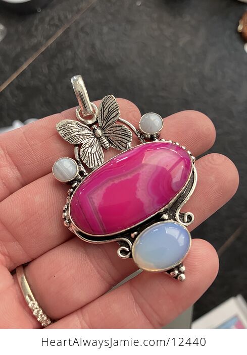 Pink Agate Rainbow Moonstone and Opalite Butterfly Crystal Stone Pendant - #LjduRKLtRMw-4