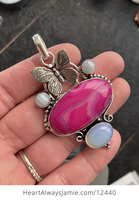 Pink Agate Rainbow Moonstone and Opalite Butterfly Crystal Stone Pendant - #LjduRKLtRMw-5