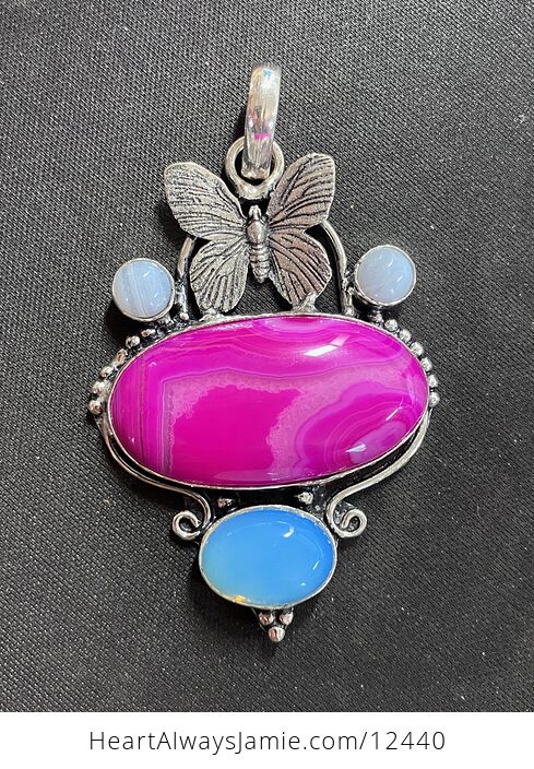 Pink Agate Rainbow Moonstone and Opalite Butterfly Crystal Stone Pendant - #LjduRKLtRMw-1