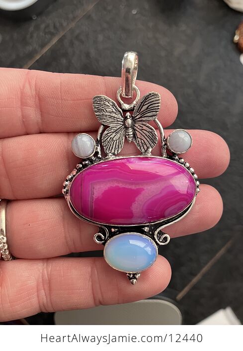 Pink Agate Rainbow Moonstone and Opalite Butterfly Crystal Stone Pendant - #LjduRKLtRMw-6