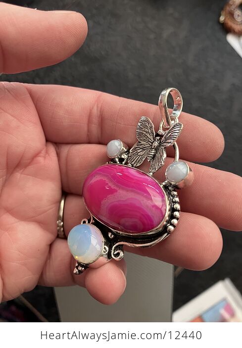 Pink Agate Rainbow Moonstone and Opalite Butterfly Crystal Stone Pendant - #LjduRKLtRMw-3