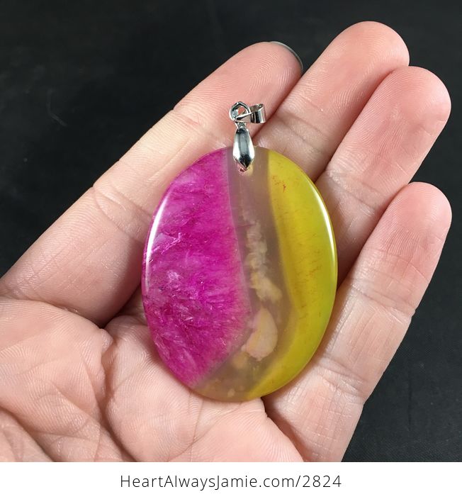 Pink and Semi Transparent Yellow Drusy Stone Pendant - #PIeV6tIQfMI-1
