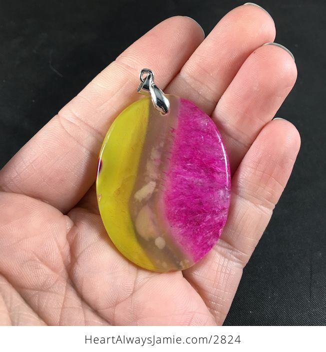 Pink and Semi Transparent Yellow Drusy Stone Pendant Necklace - #PIeV6tIQfMI-2