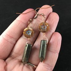 Pink Brown and Beige Glass Hawaiian Flower and Pyrite Dagger Earrings with Copper Wire #IxgIterSCsw