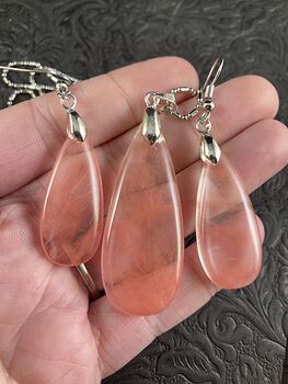 Pink Cherry Quartz Man Made Stone Pendant and Earrings Jewelry Set #wAv54zB5SMs