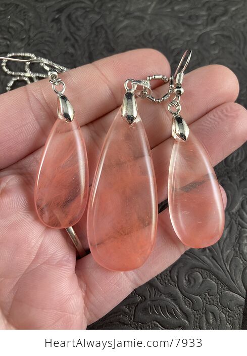 Pink Cherry Quartz Man Made Stone Pendant and Earrings Jewelry Set - #wAv54zB5SMs-1