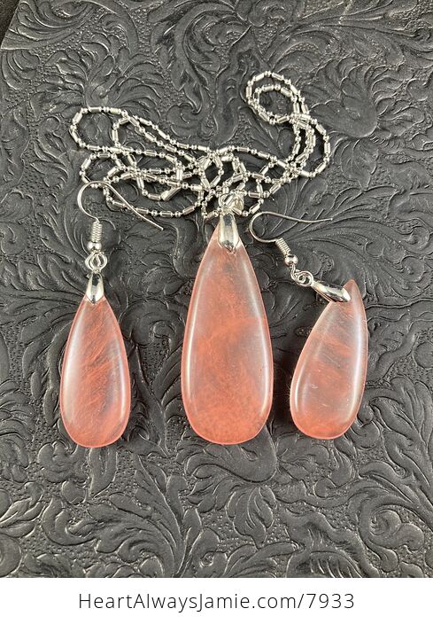 Pink Cherry Quartz Man Made Stone Pendant and Earrings Jewelry Set - #wAv54zB5SMs-2