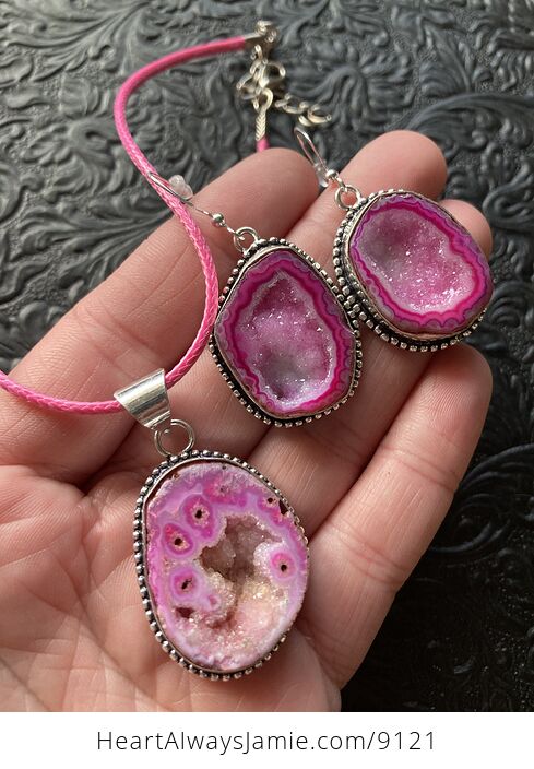 Pink Druzy Geode Agate Crystal Stone Jewelry Earrings and Necklace - #FfIo20X4ppQ-2