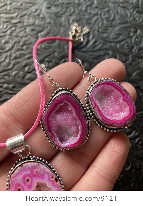 Pink Druzy Geode Agate Crystal Stone Jewelry Earrings and Necklace - #FfIo20X4ppQ-4