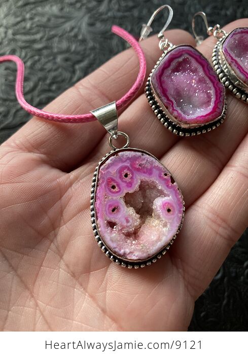 Pink Druzy Geode Agate Crystal Stone Jewelry Earrings and Necklace - #FfIo20X4ppQ-3