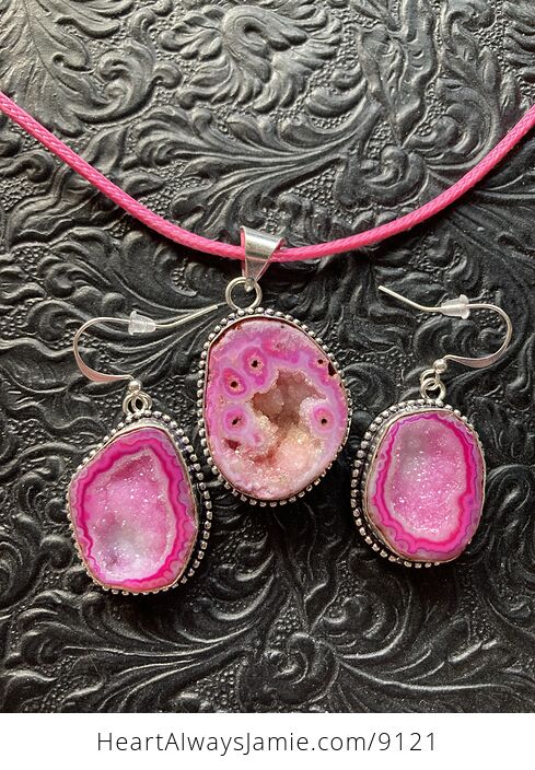 Pink Druzy Geode Agate Crystal Stone Jewelry Earrings and Necklace - #FfIo20X4ppQ-1