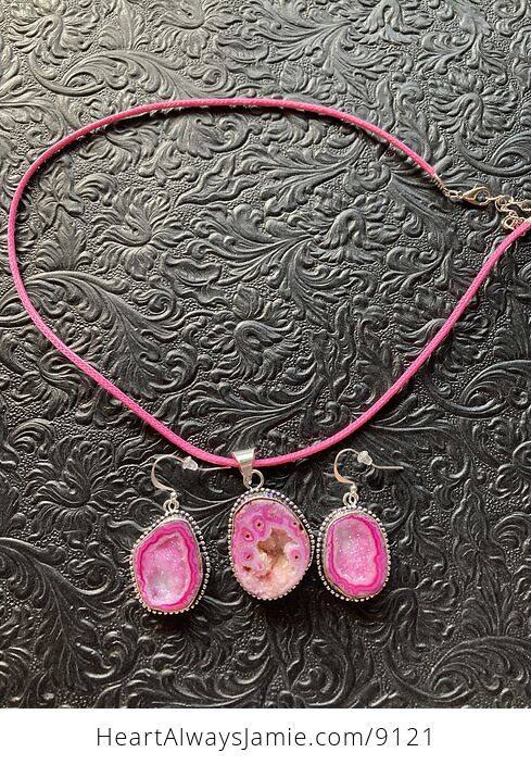 Pink Druzy Geode Agate Crystal Stone Jewelry Earrings and Necklace - #FfIo20X4ppQ-5