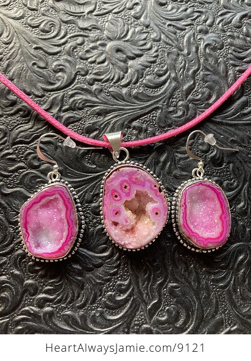 Pink Druzy Geode Agate Crystal Stone Jewelry Earrings and Necklace - #FfIo20X4ppQ-6