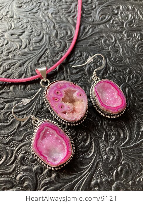 Pink Druzy Geode Agate Crystal Stone Jewelry Earrings and Necklace - #FfIo20X4ppQ-7