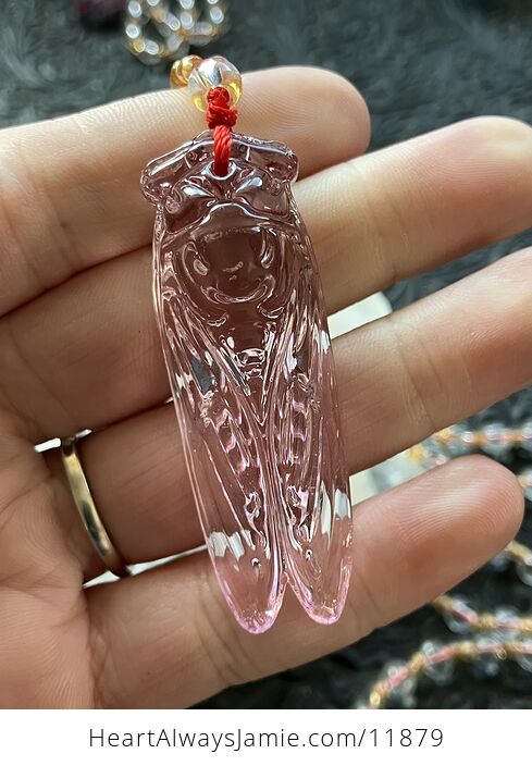 Pink Glass Cicada Pendant Necklace with Clear and Yellow Beads - #ganc2hMA2n8-3