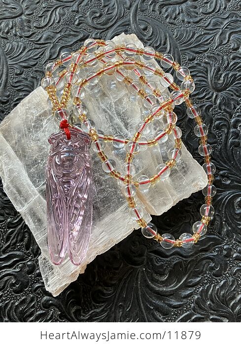 Pink Glass Cicada Pendant Necklace with Clear and Yellow Beads - #ganc2hMA2n8-1