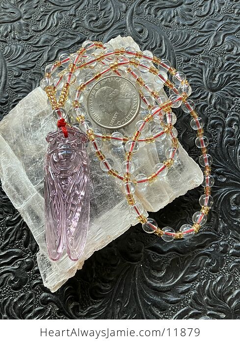 Pink Glass Cicada Pendant Necklace with Clear and Yellow Beads - #ganc2hMA2n8-2