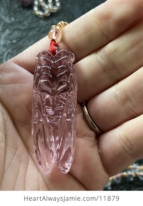 Pink Glass Cicada Pendant Necklace with Clear and Yellow Beads - #ganc2hMA2n8-4