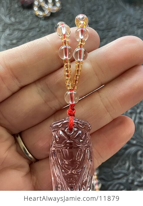 Pink Glass Cicada Pendant Necklace with Clear and Yellow Beads - #ganc2hMA2n8-6