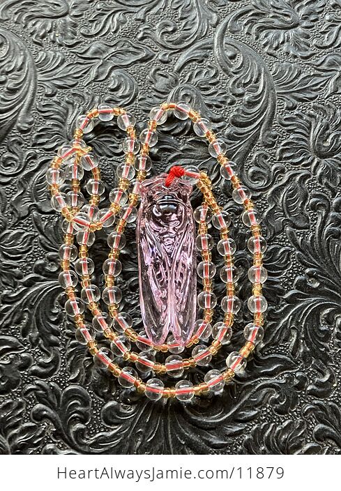 Pink Glass Cicada Pendant Necklace with Clear and Yellow Beads - #ganc2hMA2n8-7