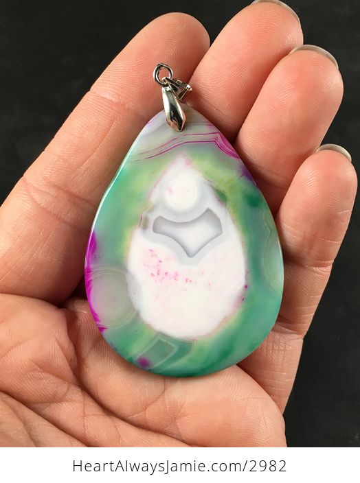 Pink Green and White Agate Stone Pendant Necklace - #nQLjcJAiD00-2