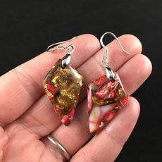 Pink Jasper and Copper Bornite Diamond Shaped Stone Jewelry Earrings #eNez6MDIvno