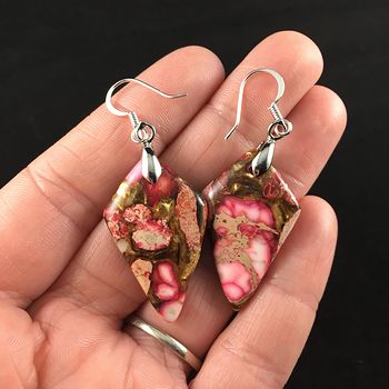 Pink Jasper and Copper Bornite Diamond Shaped Stone Jewelry Earrings #TapptzMjfME