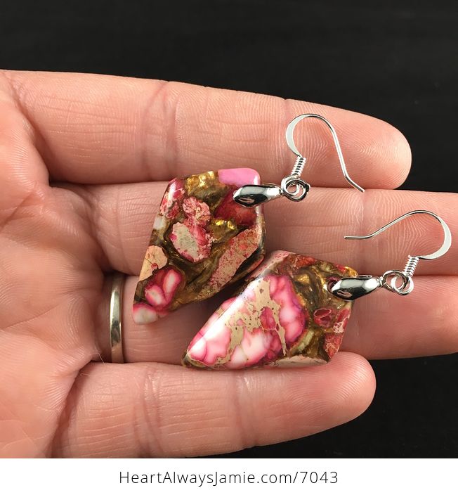 Pink Jasper and Copper Bornite Diamond Shaped Stone Jewelry Earrings - #TapptzMjfME-2
