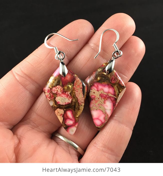 Pink Jasper and Copper Bornite Diamond Shaped Stone Jewelry Earrings - #TapptzMjfME-1
