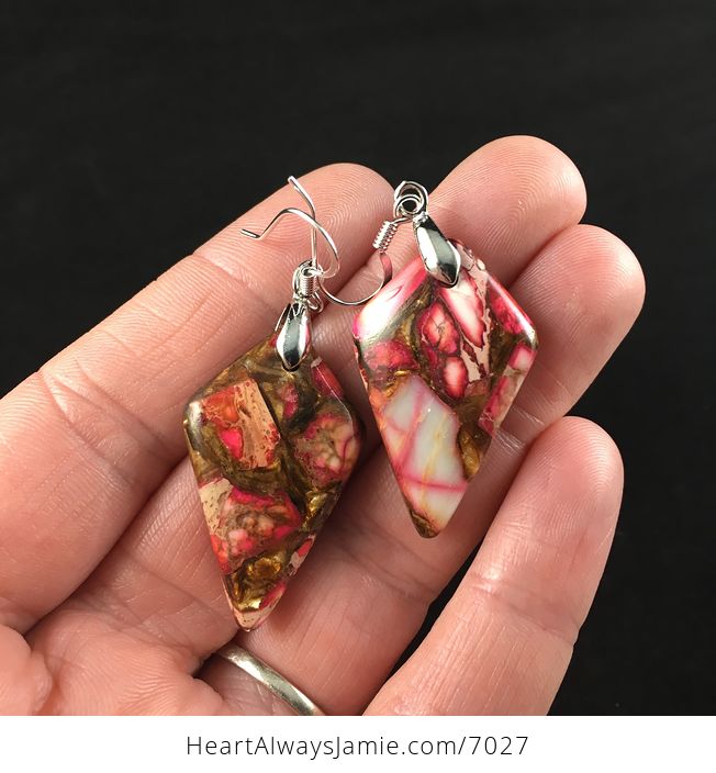 Pink Jasper and Copper Bornite Diamond Shaped Stone Jewelry Earrings - #eNez6MDIvno-2