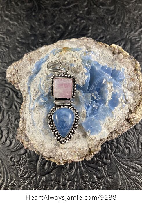 Pink Moonstone and Oregon Blue Owyhee Opal Crystal Stone Jewelry Pendant - #ge8ce7MzO8E-3