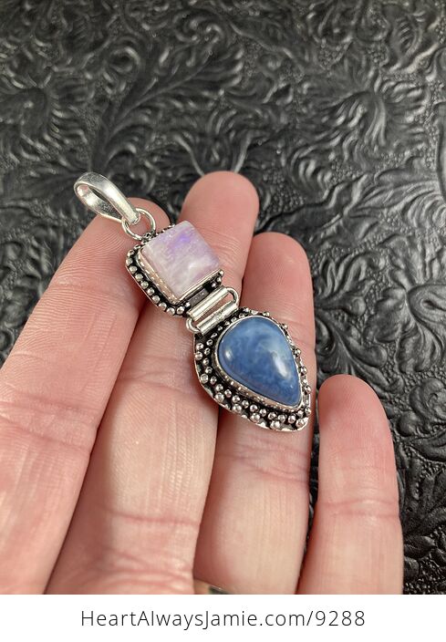 Pink Moonstone and Oregon Blue Owyhee Opal Crystal Stone Jewelry Pendant - #ge8ce7MzO8E-6