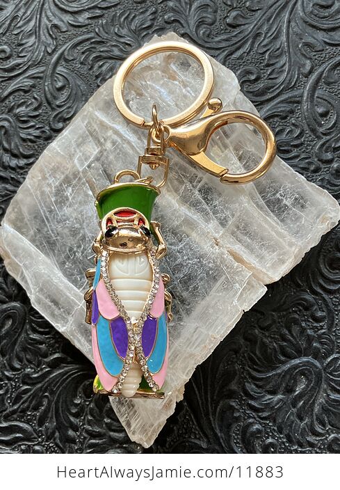 Pink Purple Blue Rhinestone Lucky Cicada on Bamboo Gold Toned Keychain - #dRghMINNcuU-1