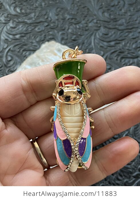 Pink Purple Blue Rhinestone Lucky Cicada on Bamboo Gold Toned Keychain - #dRghMINNcuU-3