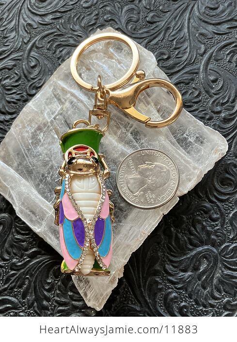 Pink Purple Blue Rhinestone Lucky Cicada on Bamboo Gold Toned Keychain - #dRghMINNcuU-2