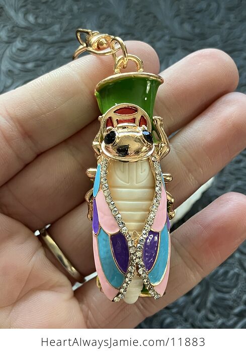Pink Purple Blue Rhinestone Lucky Cicada on Bamboo Gold Toned Keychain - #dRghMINNcuU-7