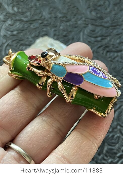 Pink Purple Blue Rhinestone Lucky Cicada on Bamboo Gold Toned Keychain - #dRghMINNcuU-8