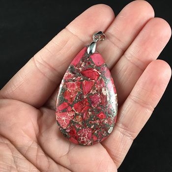 Pink Red and Gray Sea Sediment Jasper and Pyrite Stone Pendant #Wu1DUYORYrw