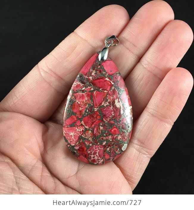 Pink Red and Gray Sea Sediment Jasper and Pyrite Stone Pendant - #Wu1DUYORYrw-1