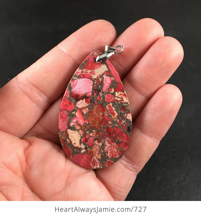 Pink Red and Gray Sea Sediment Jasper and Pyrite Stone Pendant Necklace - #Wu1DUYORYrw-5