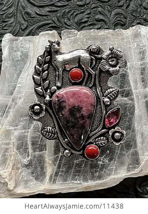 Pink Rhodonite and Red Coral Deer Crystal Stone Jewelry Pendant - #pCKgkvQoxkU-1