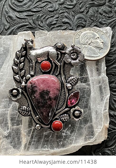 Pink Rhodonite and Red Coral Deer Crystal Stone Jewelry Pendant - #pCKgkvQoxkU-7